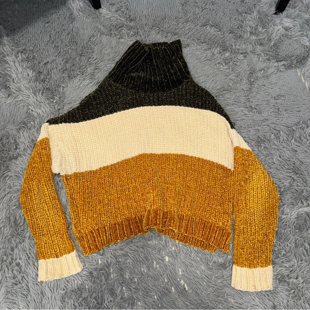 Poof! Dark Green and‎ Cream and Mustard Yellow Sweater with Textured Design